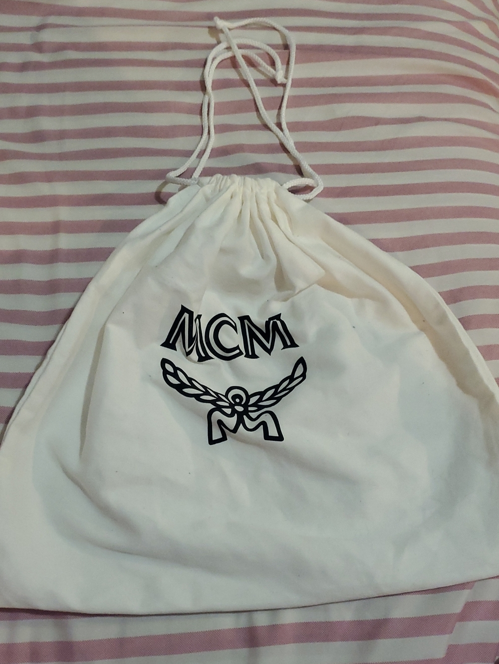 MCM White Drawstring Dust Pouch with Black Logo